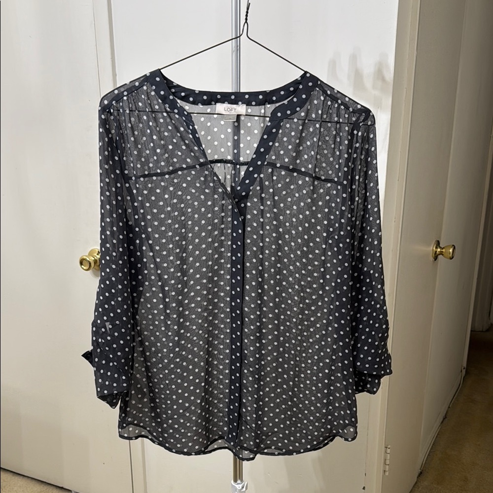 LOFT Black Flutter Sleeve Polka Dot Blouse